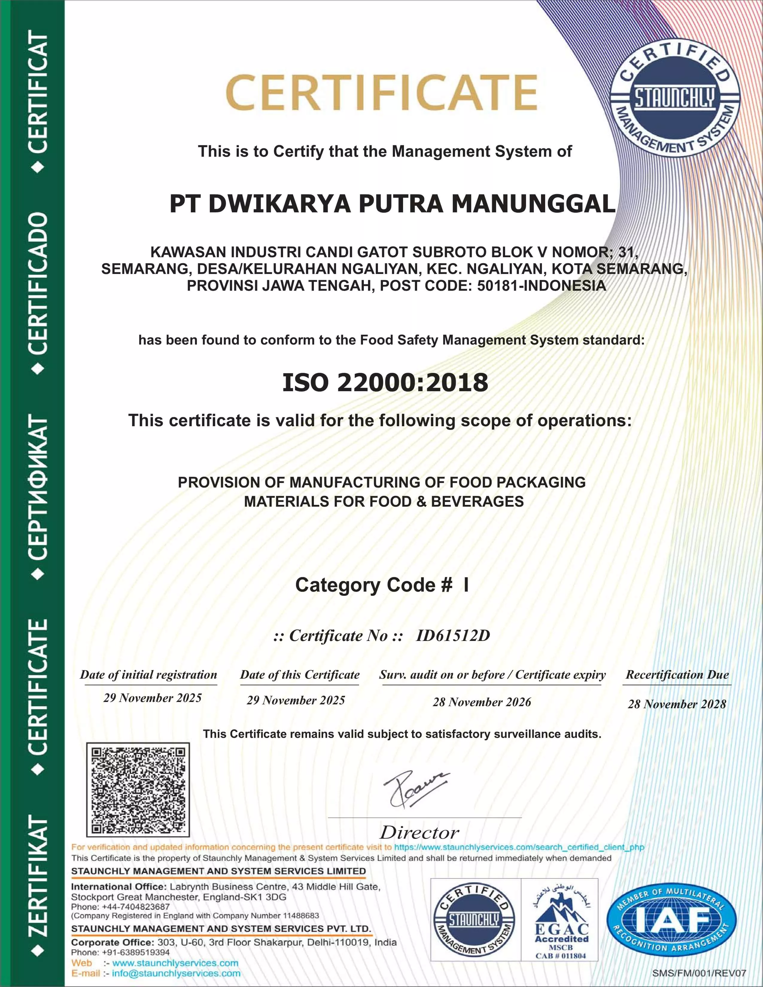 ISO 22000:2018 Certificate